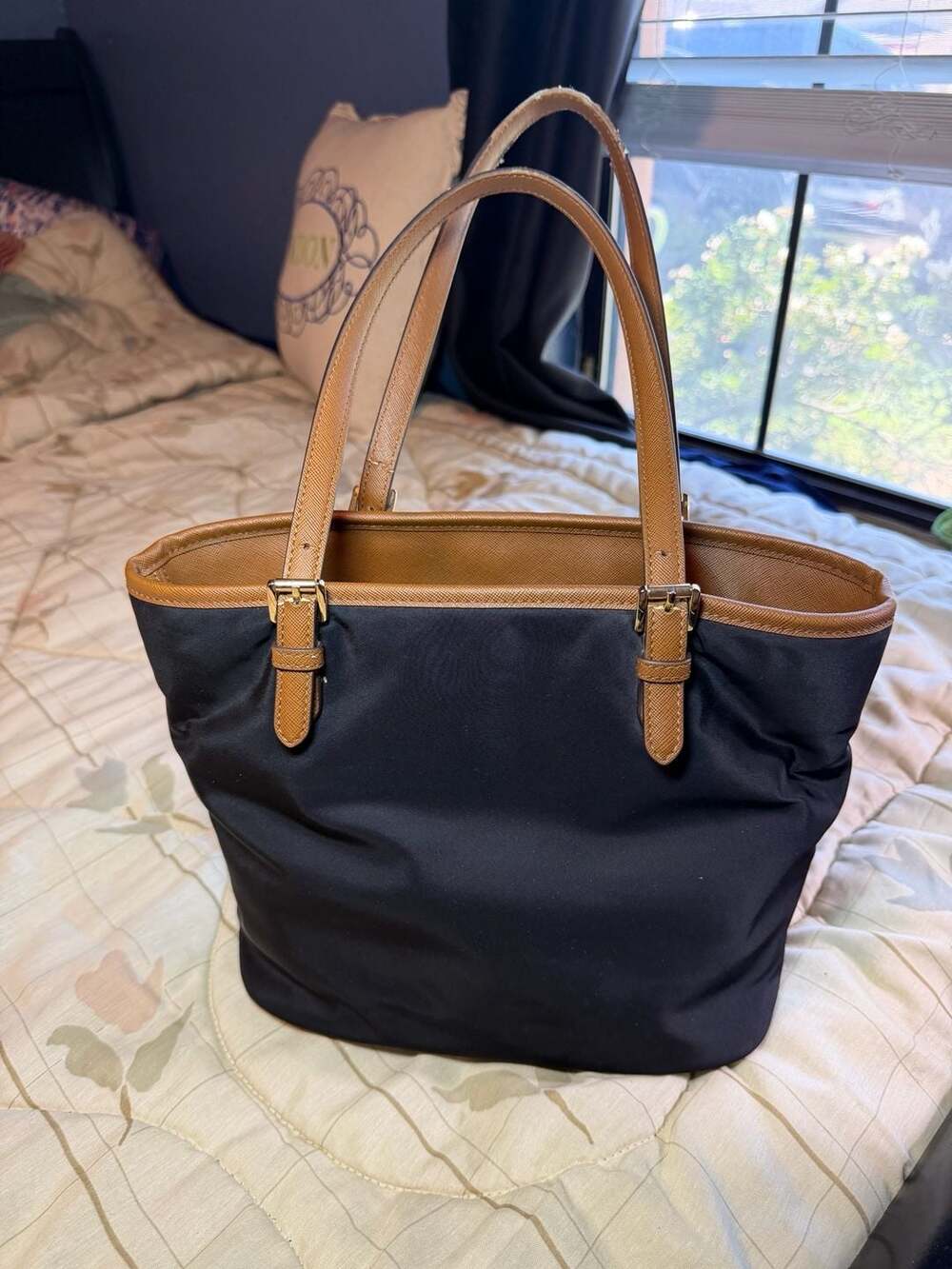 Michael Kors Black Nylon and Brown Saffiano Leather Tote Bag - Picture 4 of 15